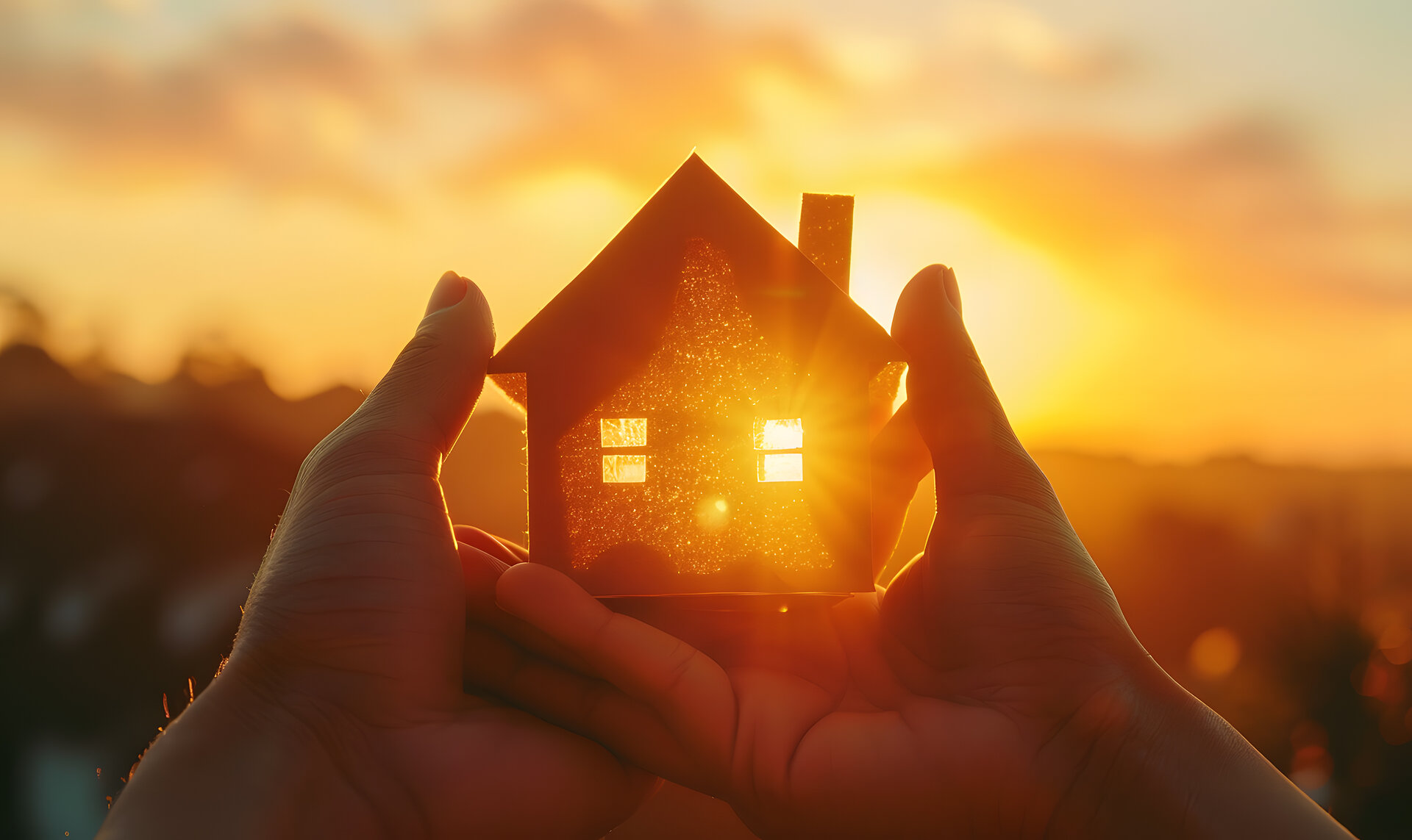 Haus in Händen vor Sonnenuntergang – Sonnenstrahlen leuchten durch die Fenster