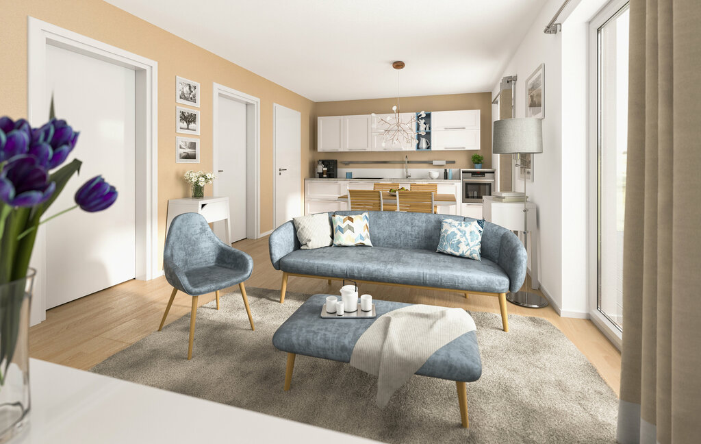 Elegantes Wohnzimmer eines modernen Neubaus.