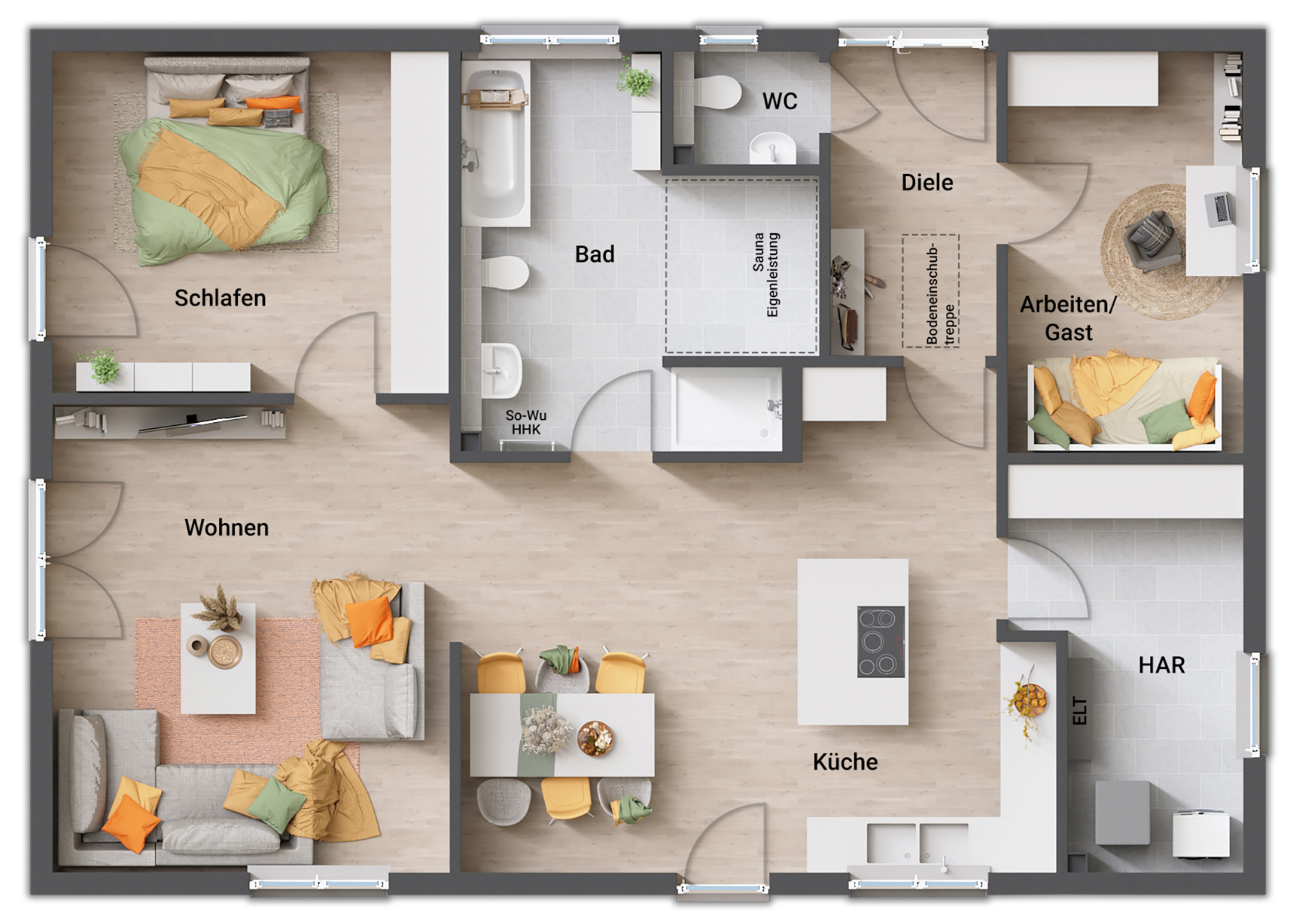 Grundriss Variante 3 mit großem HAR und Saunaoption Grundrissvariante 3 des Bungalow 110 mit großem HAR, Gäste-WC und Bad mit Saunaoption