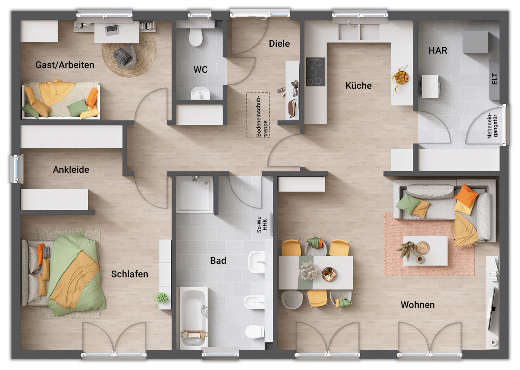 Grundriss Variante 5 mit großem Bad und Nebeneingang Bungalow 110 mit großem Bad, Gäste-WC, Ankleide und Hauswirtschaftsraum mit Nebeneingang