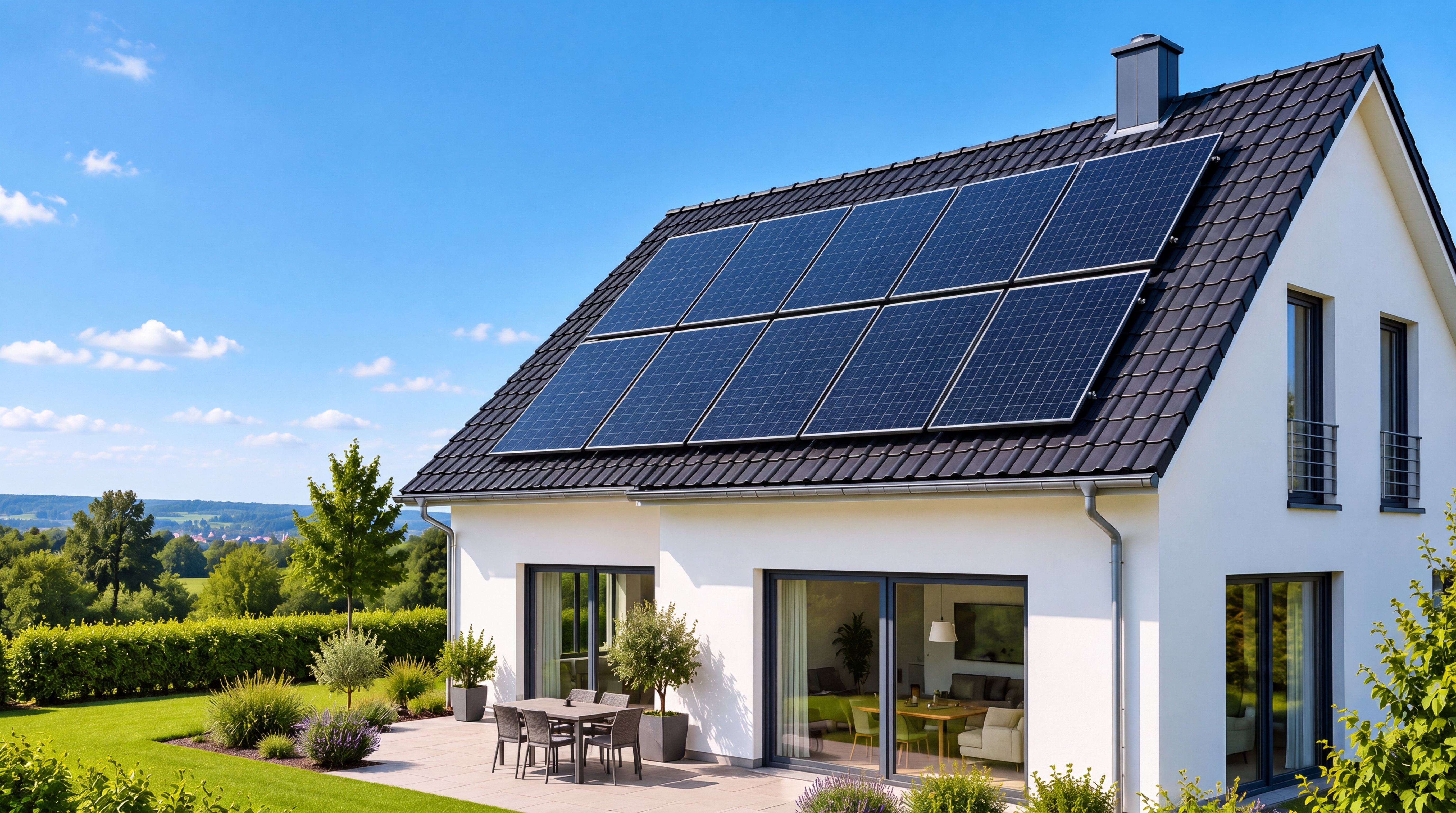 Modernes Einfamilienhaus mit Photovoltaikanlage auf dem Dach
