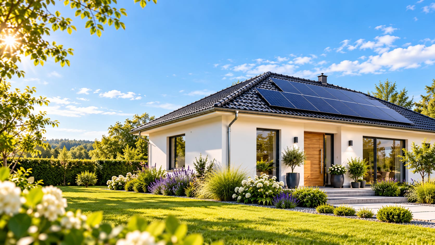 Modernes Massivhaus mit Photovoltaikanlage in einem begrünten Garten